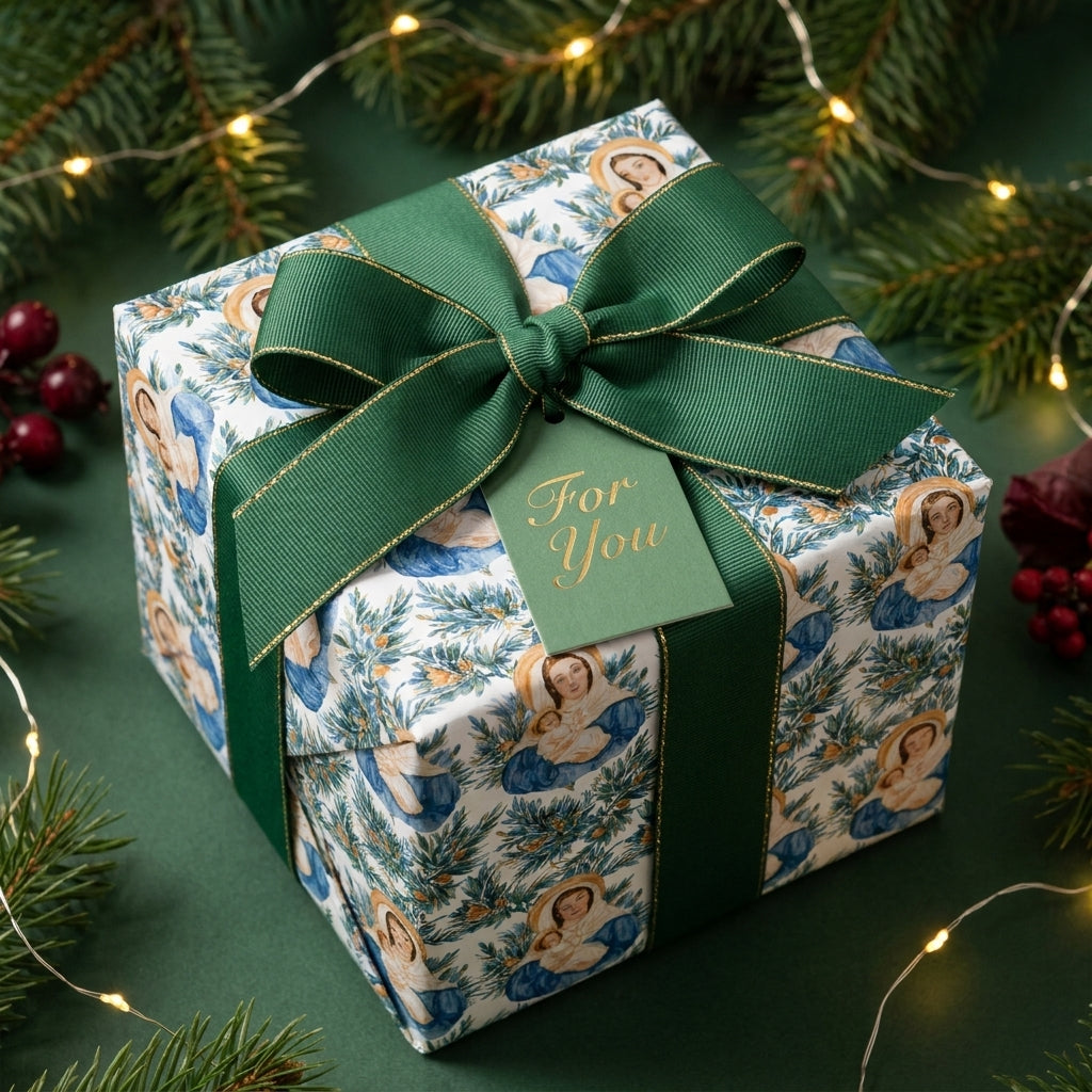 Christian Christmas gift wrap with a Virgin Mary Nativity pattern and green ribbon by Wrapped Studios.