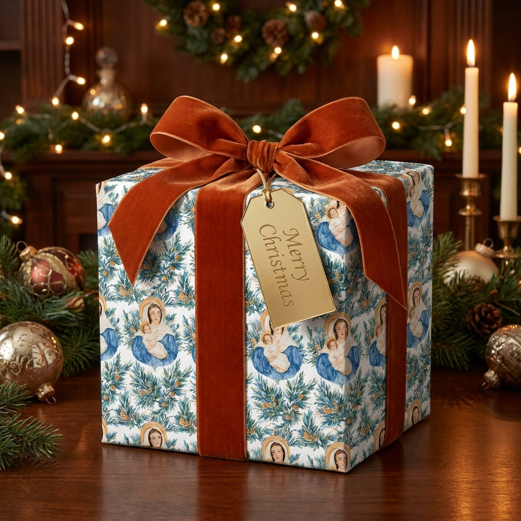 Religious Christmas wrapping paper with Madonna and Child print and rust velvet bow, by Wrapped Studios.