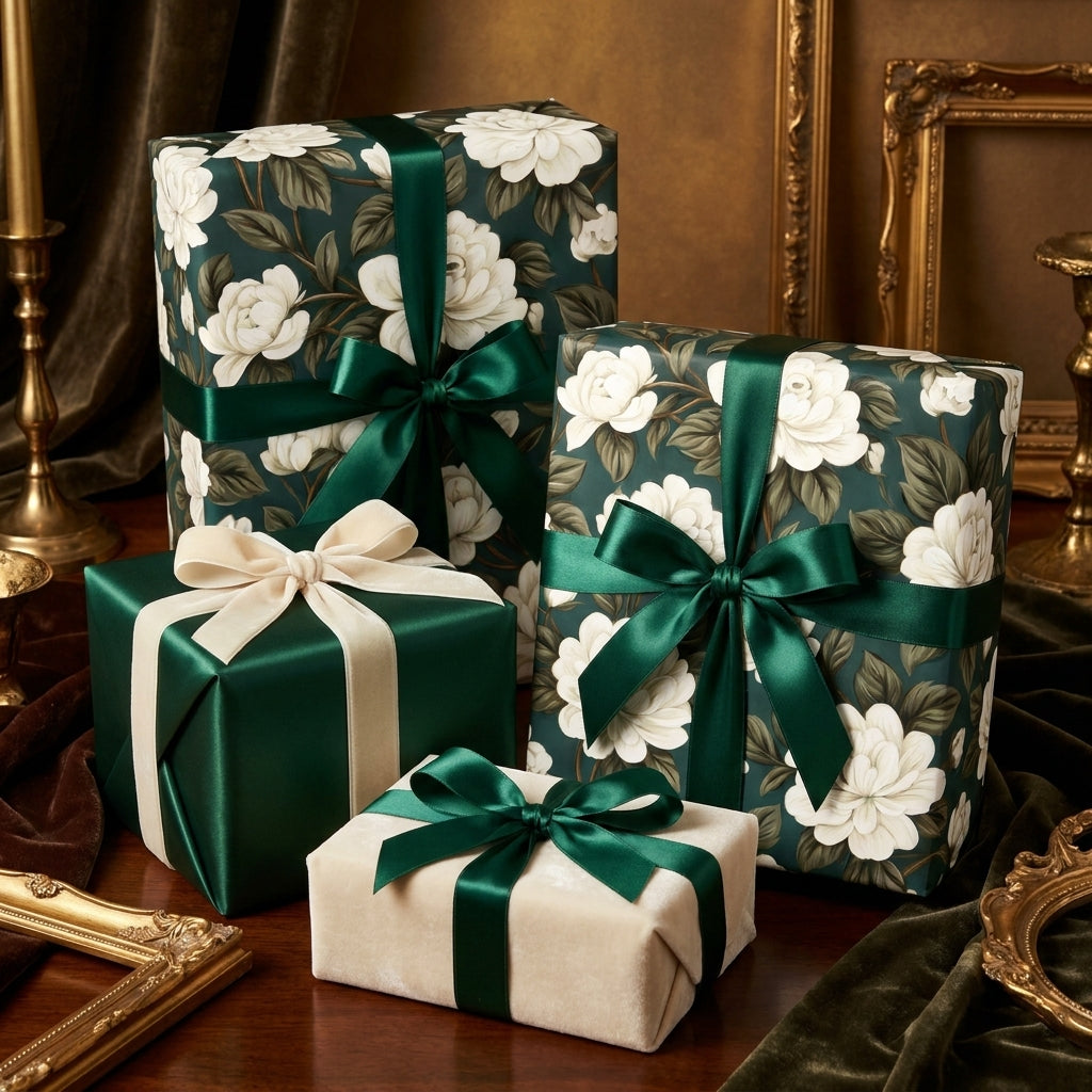 Luxury dark green floral wrapping paper with white roses and satin bows by Wrapped Studios.