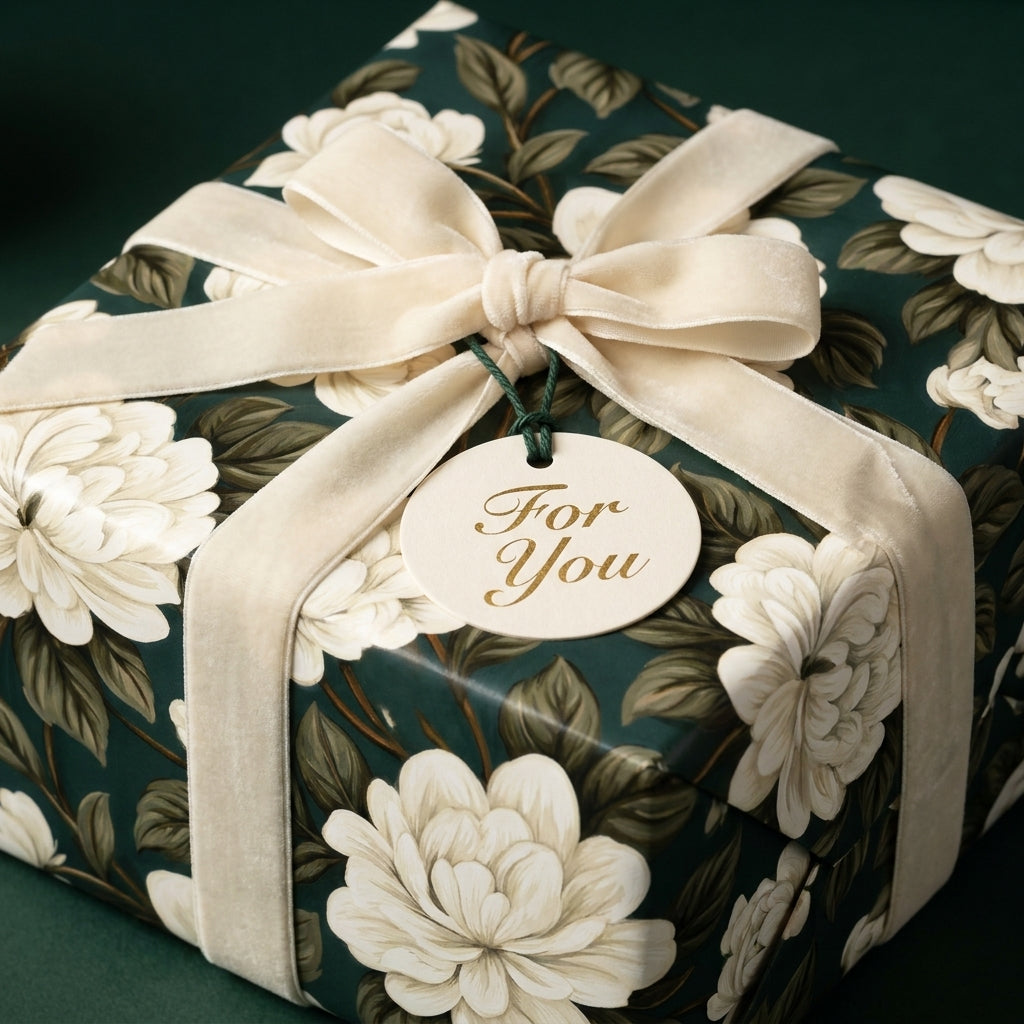 Luxury dark green floral gift wrap with cream velvet ribbon and a 'For You' tag, by Wrapped Studios.
