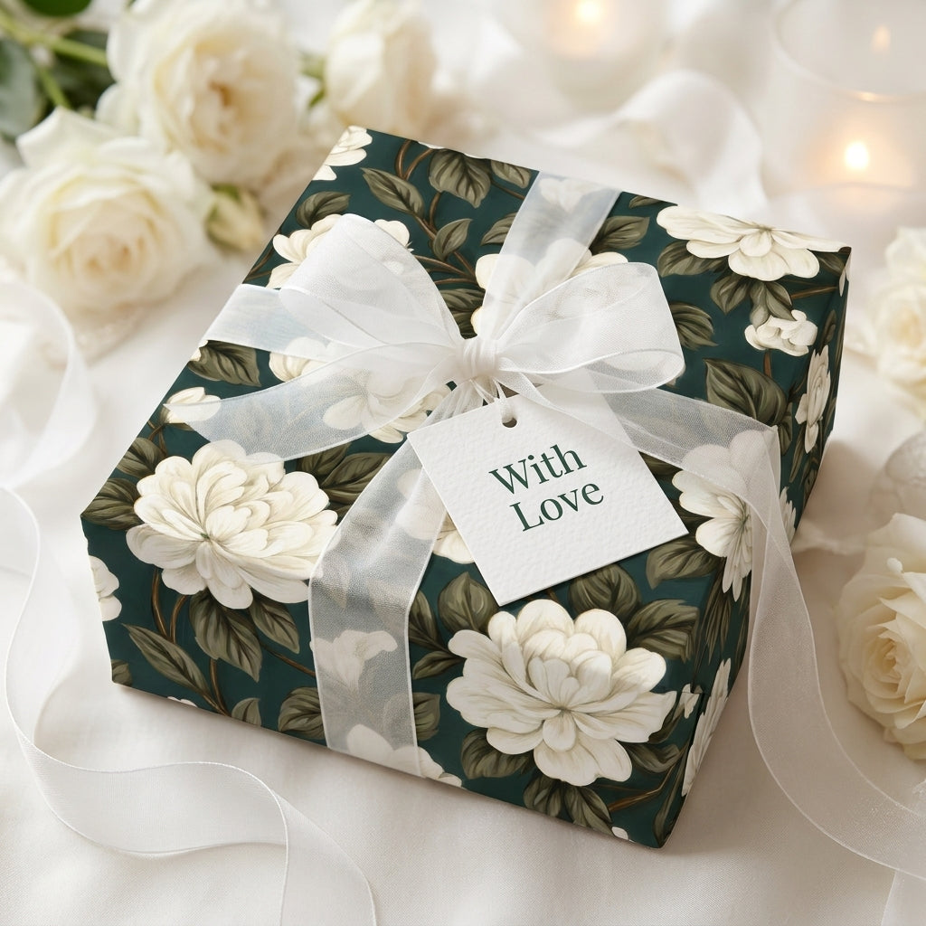 Luxury dark green floral wrapping paper with white roses and sheer ribbon by Wrapped Studios.