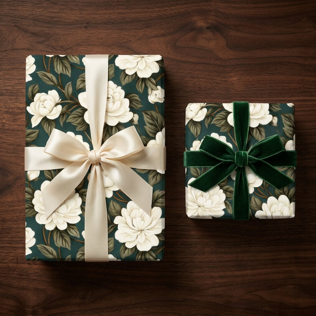 Luxury floral wrapping paper with elegant satin and velvet bows on gift boxes by Wrapped Studios.