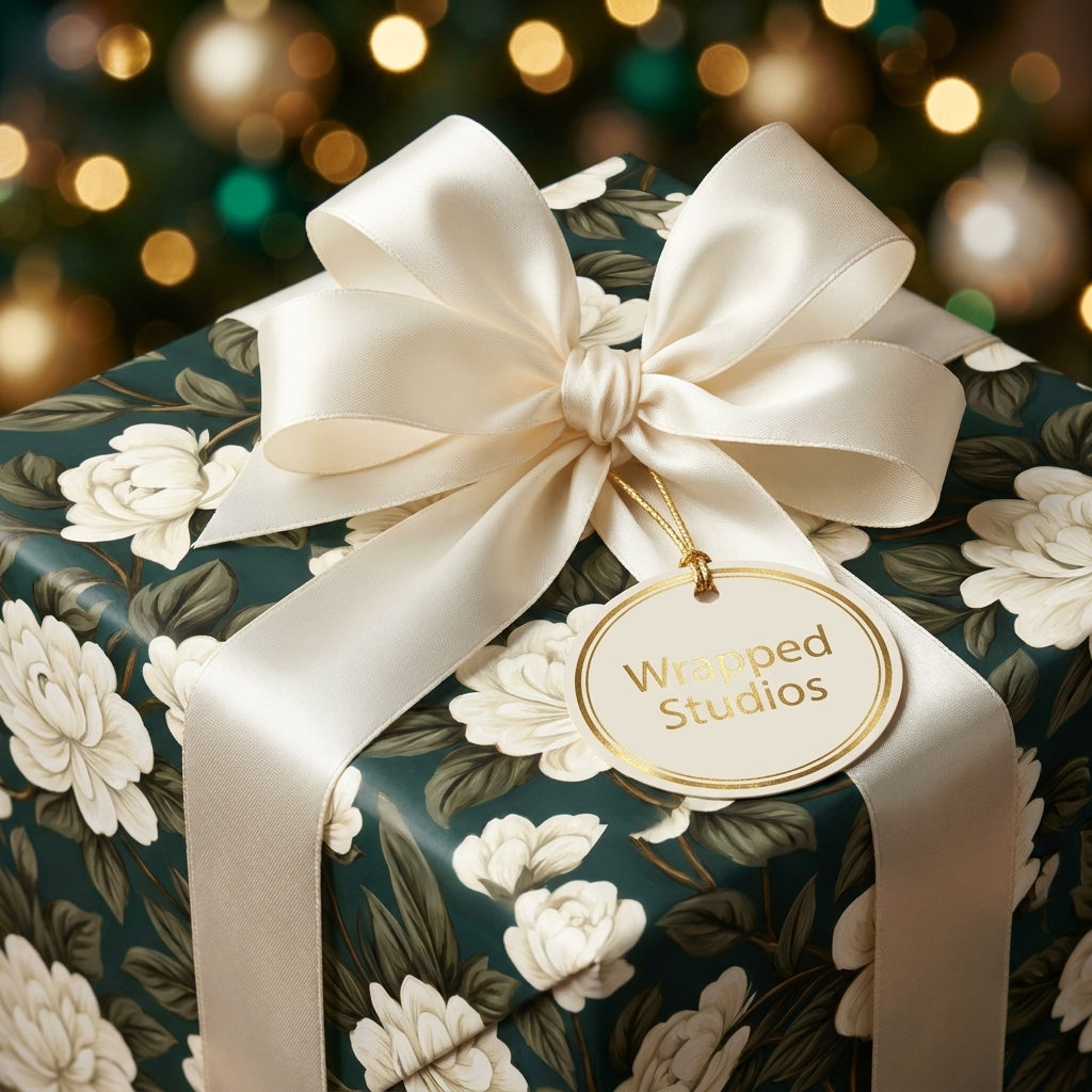 Luxury dark green floral wrapping paper with cream satin bow, Christmas gift wrap by Wrapped Studios.