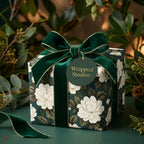 Luxury dark green floral wrapping paper with a velvet ribbon bow by Wrapped Studios.