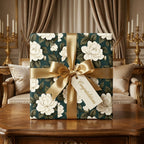 Luxury green floral wrapping paper with white magnolias and a gold bow by Wrapped Studios.