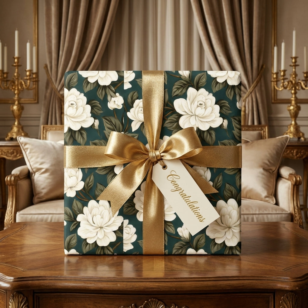 Luxury green floral wrapping paper with white magnolias and a gold bow by Wrapped Studios.