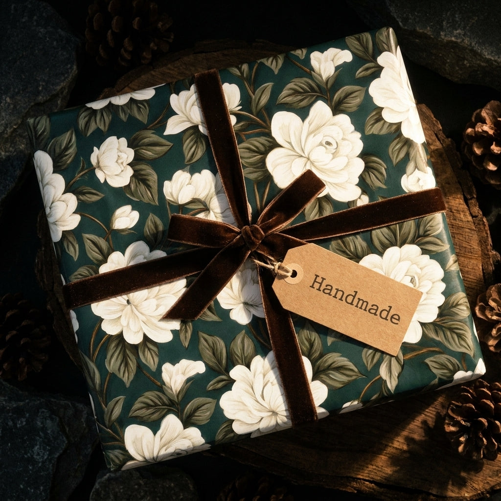 Elegant dark green floral wrapping paper with velvet ribbon and handmade gift tag by Wrapped Studios.