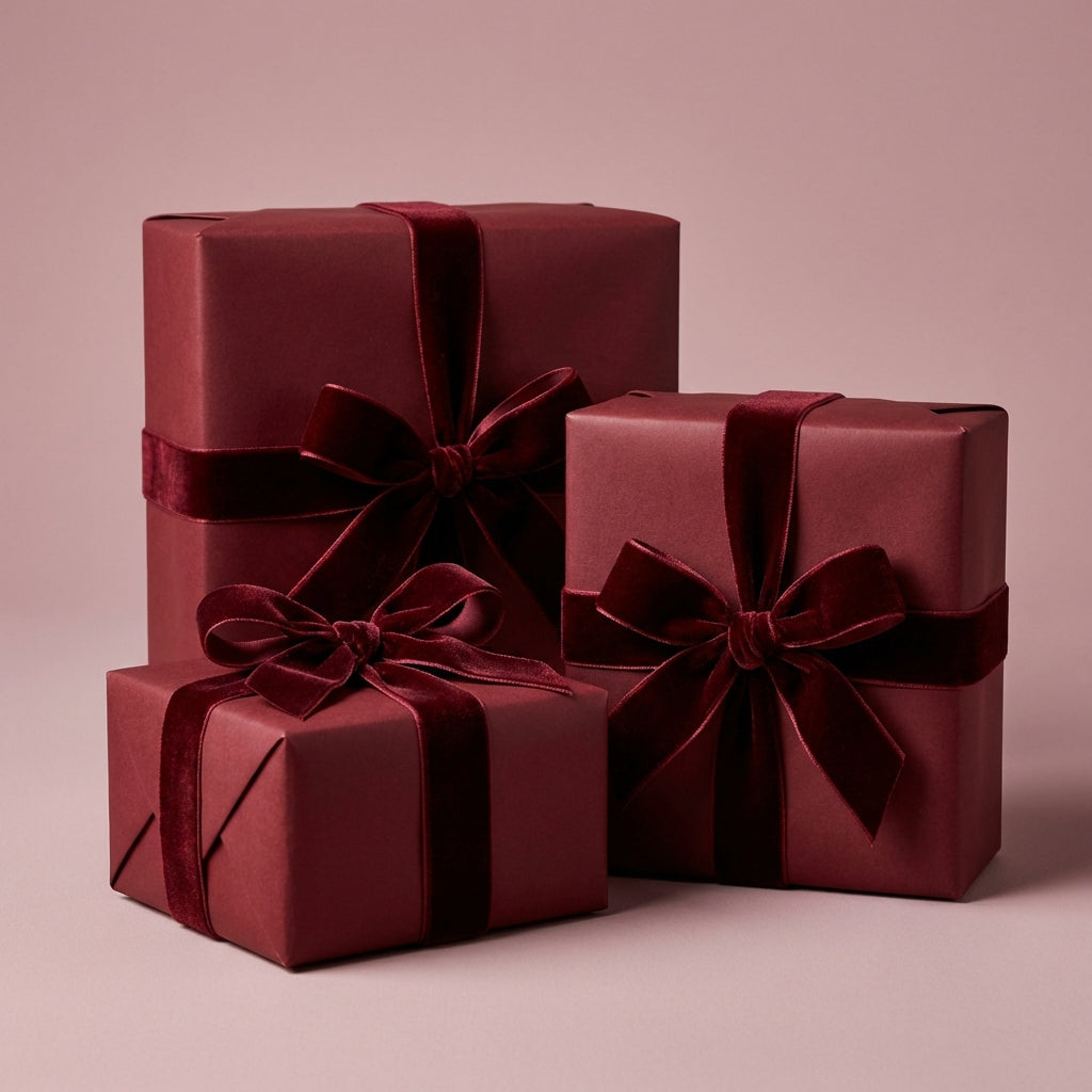Three red gift boxes with ribbons on a matching background