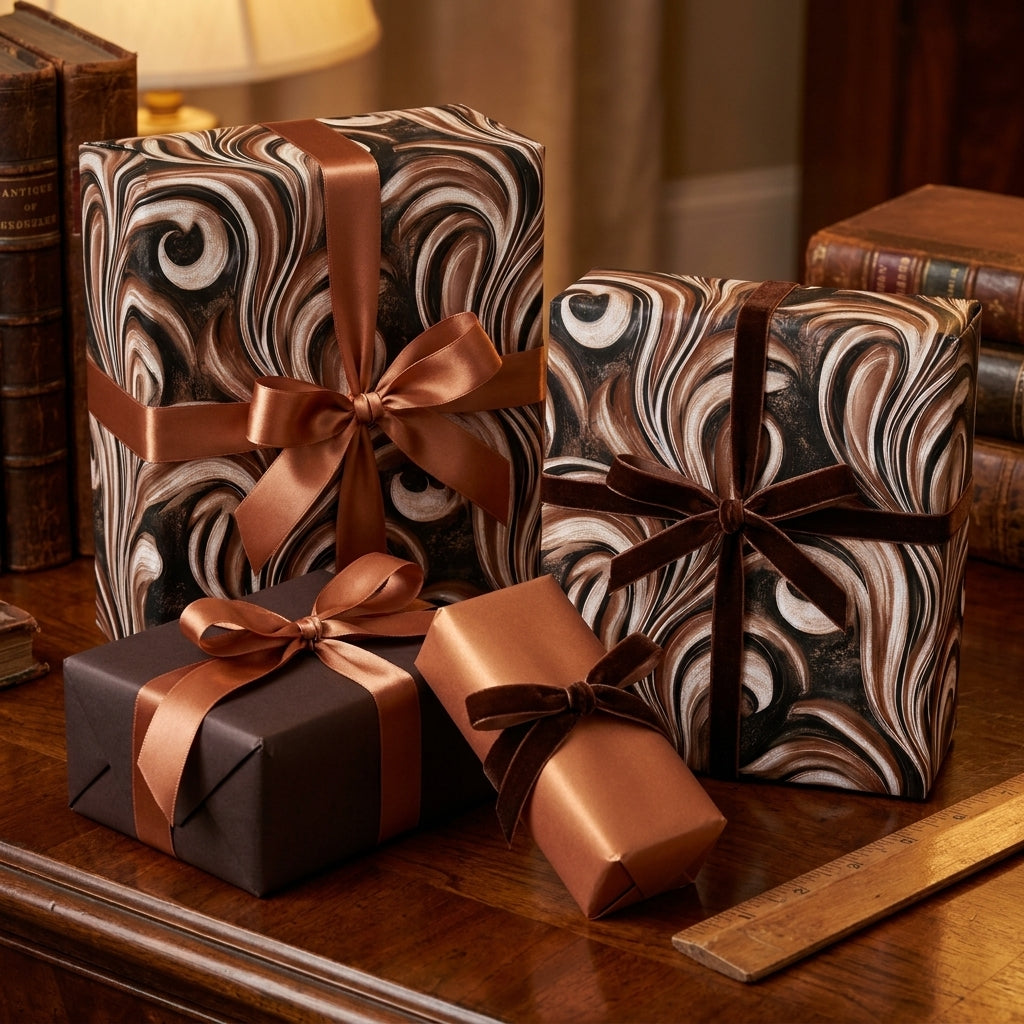 Elegant brown marbled wrapping paper on luxury gift boxes with satin ribbons by Wrapped Studios.