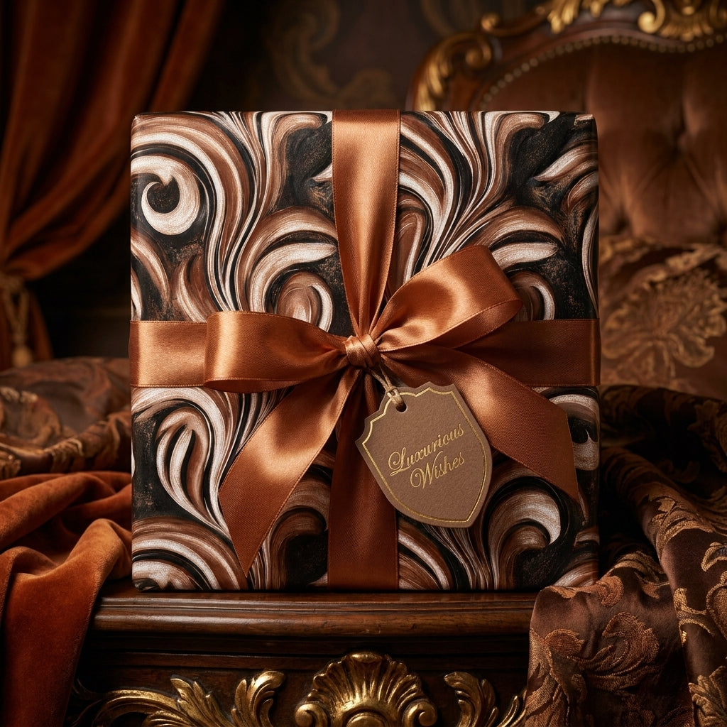 Elegant brown marble swirl luxury wrapping paper with bronze satin bow by Wrapped Studios.