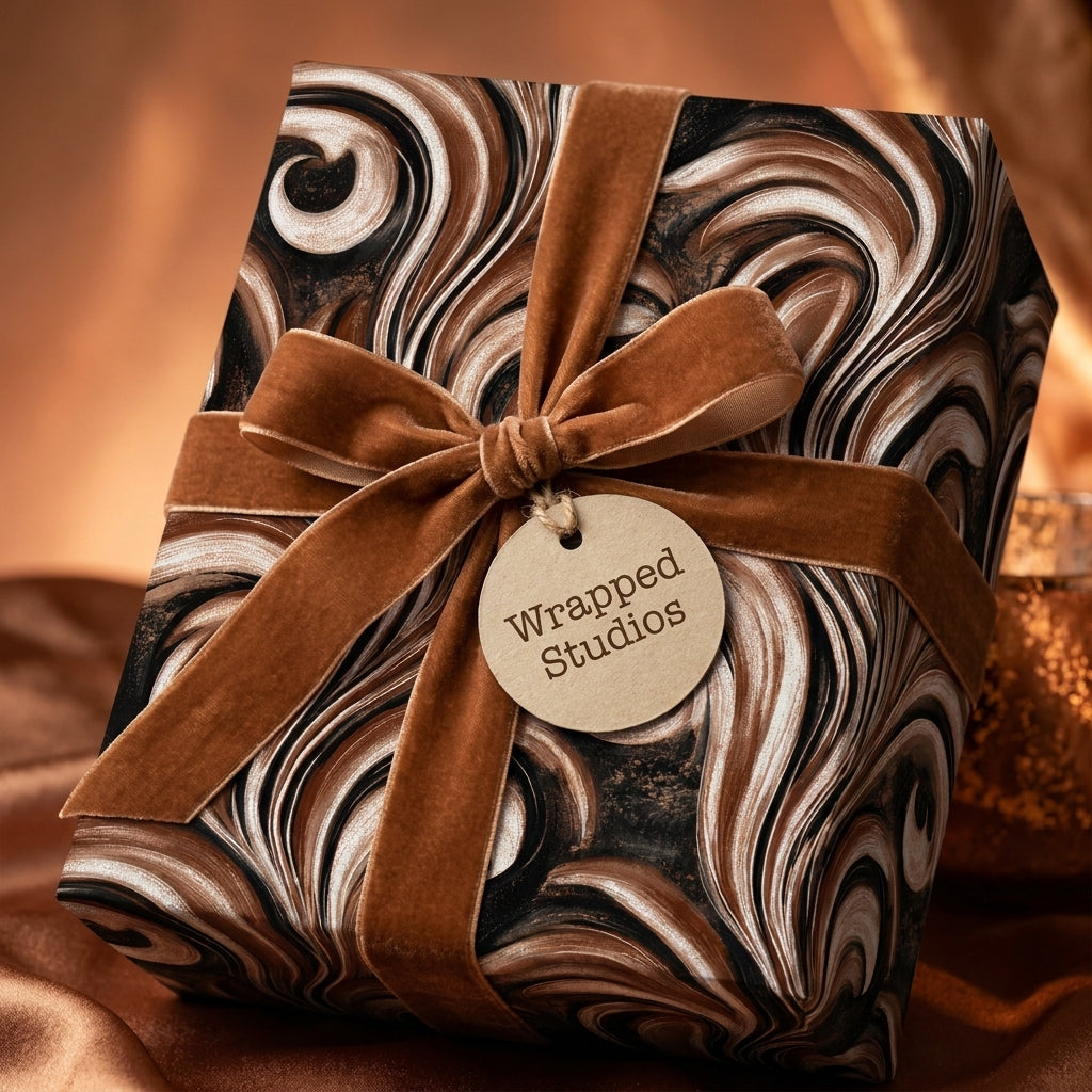 Luxury marble wrapping paper in brown and copper with a velvet bow by Wrapped Studios.