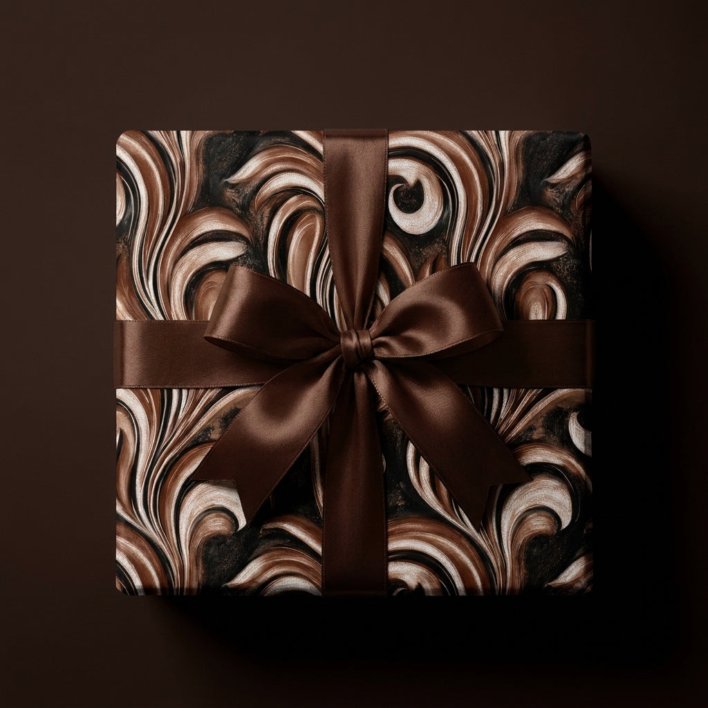 Luxury chocolate brown marbled wrapping paper with a satin bow by Wrapped Studios.