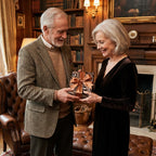 Senior couple exchanging a gift in elegant marbled wrapping paper with a copper bow by Wrapped Studios.