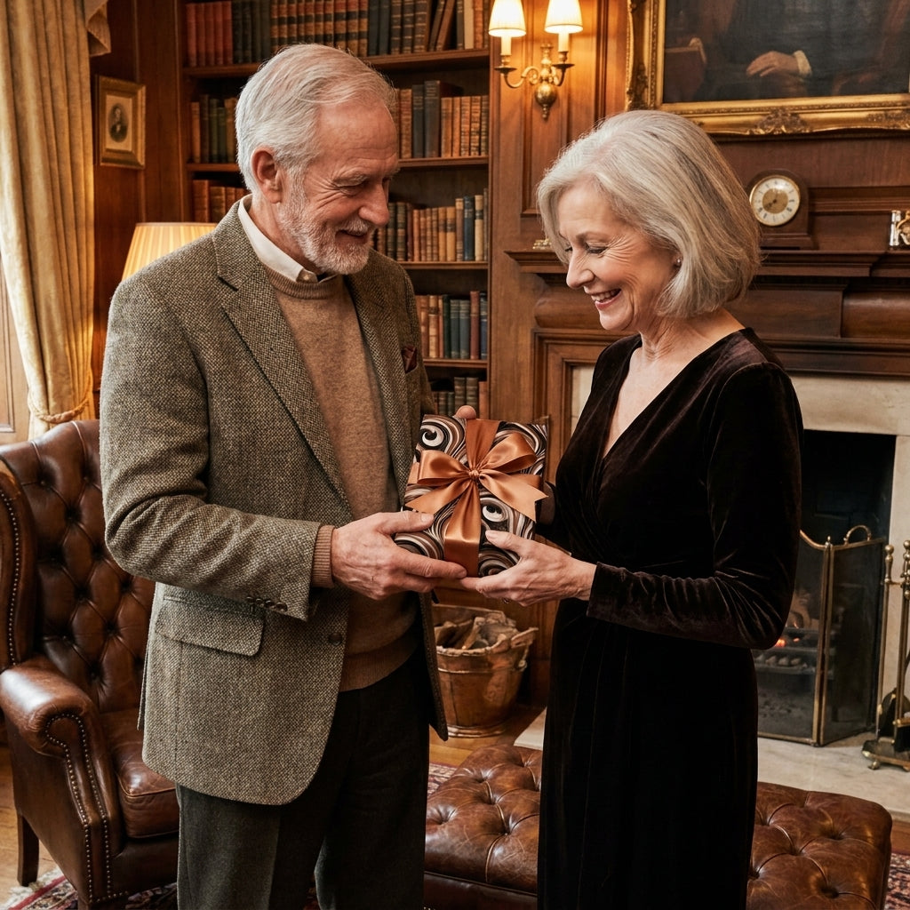Senior couple exchanging a gift in elegant marbled wrapping paper with a copper bow by Wrapped Studios.