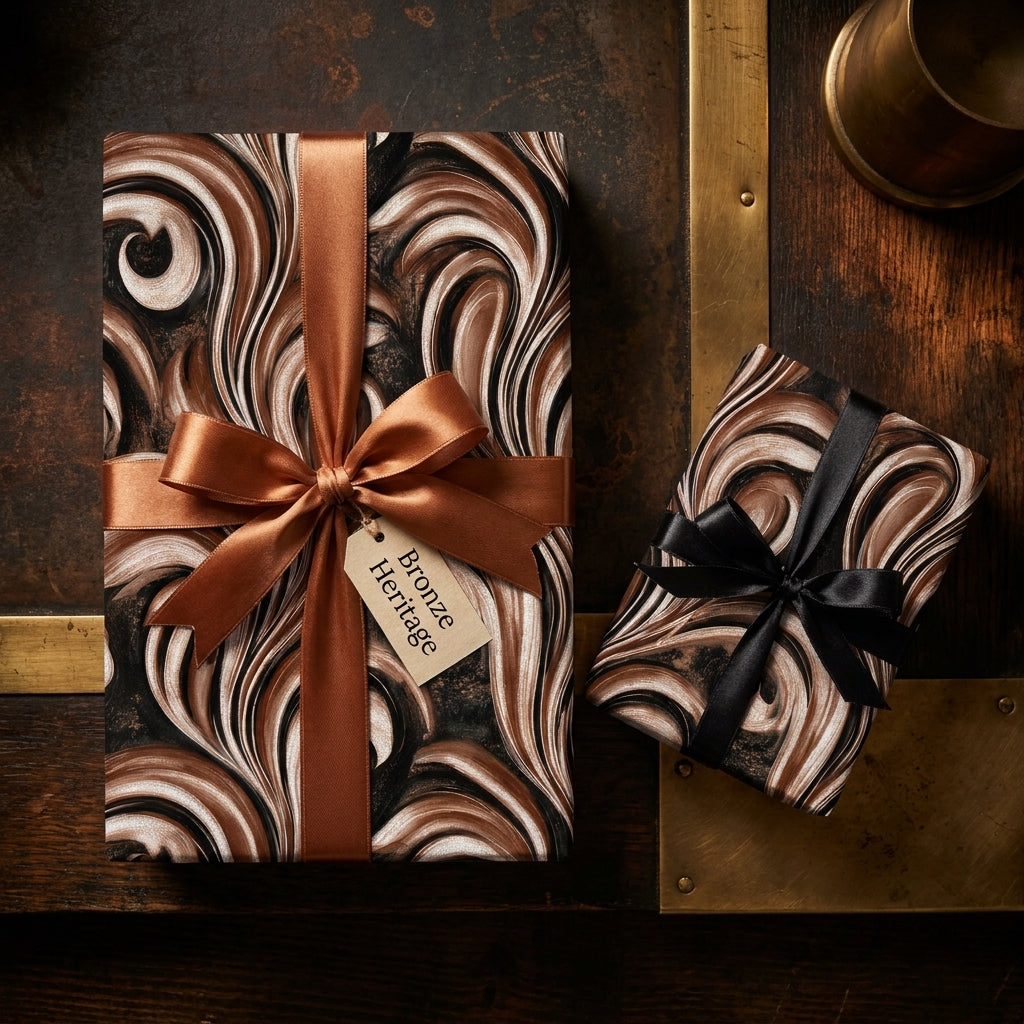 Luxury bronze marble wrapping paper with satin ribbons on gift boxes by Wrapped Studios.