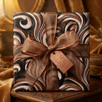 Luxury brown marble wrapping paper with a sheer bronze ribbon and 'With Love' tag by Wrapped Studios.