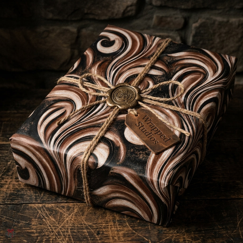 Luxury brown marble gift wrap by Wrapped Studios, tied with a rustic twine bow and gold wax seal.