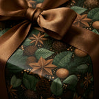 Luxury Christmas gift wrap with green botanical pinecones and a bronze satin bow by Wrapped Studios.