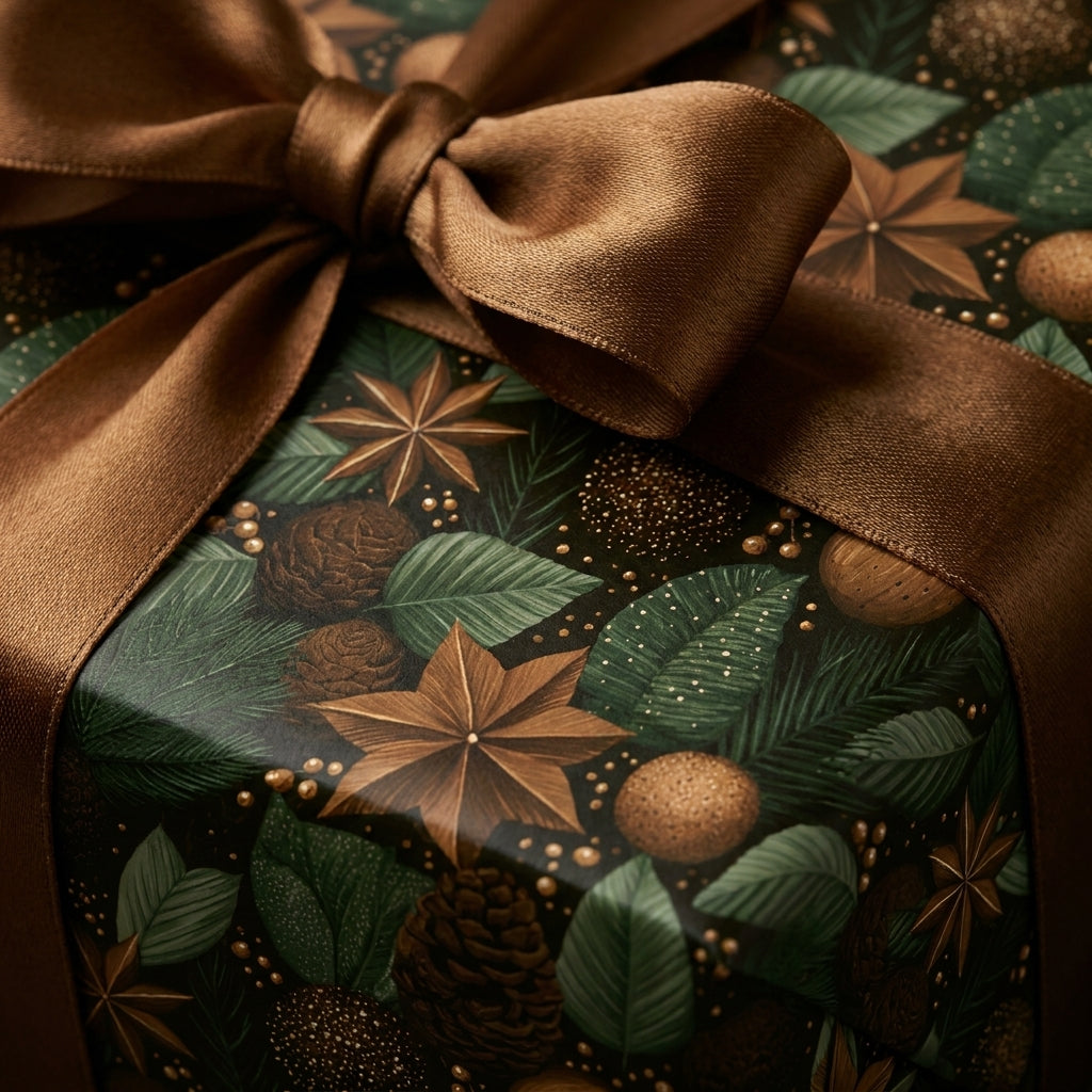 Luxury Christmas gift wrap with green botanical pinecones and a bronze satin bow by Wrapped Studios.