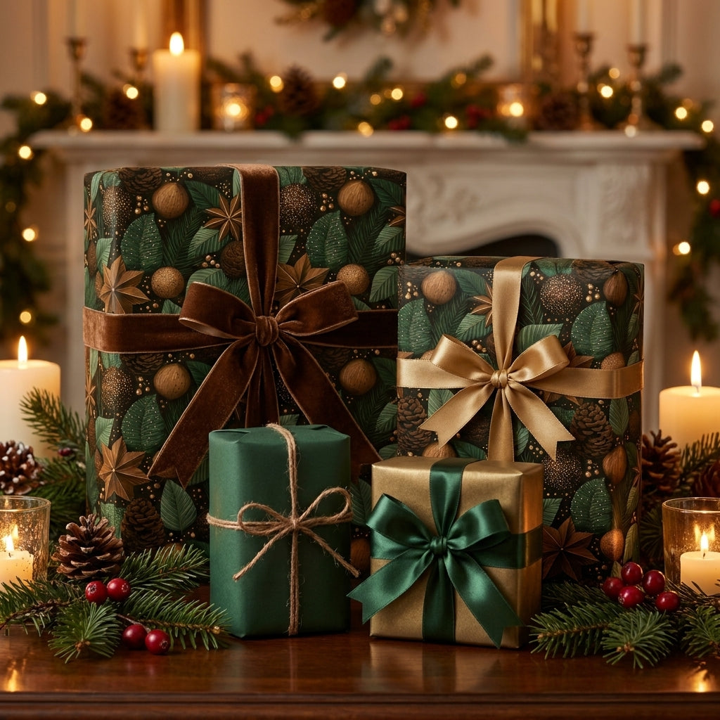 Luxury Christmas wrapping paper with forest botanicals and velvet ribbons by Wrapped Studios.