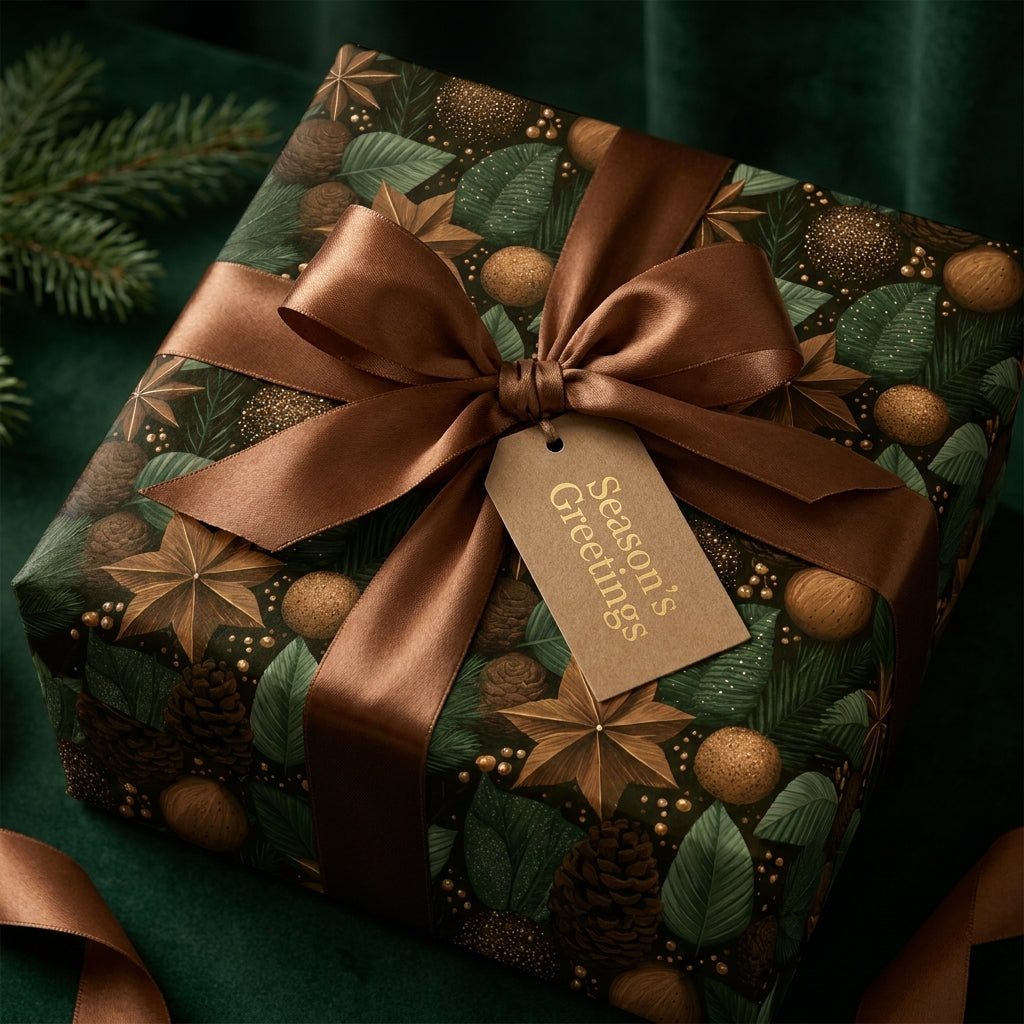 Luxury botanical Christmas wrapping paper with brown satin bow and gift tag by Wrapped Studios.