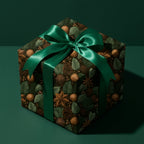 Luxury Christmas wrapping paper with green botanical pinecone pattern and satin bow by Wrapped Studios.