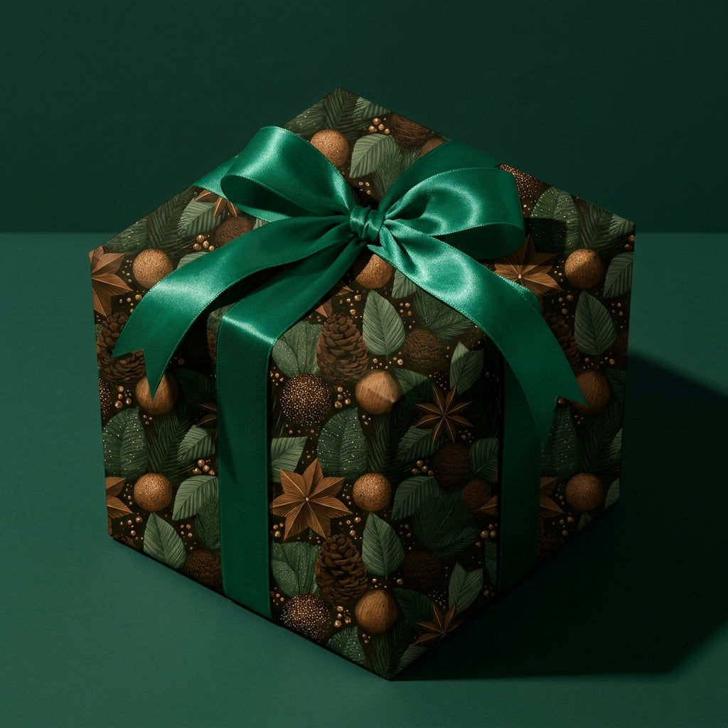 Luxury Christmas wrapping paper with green botanical pinecone pattern and satin bow by Wrapped Studios.