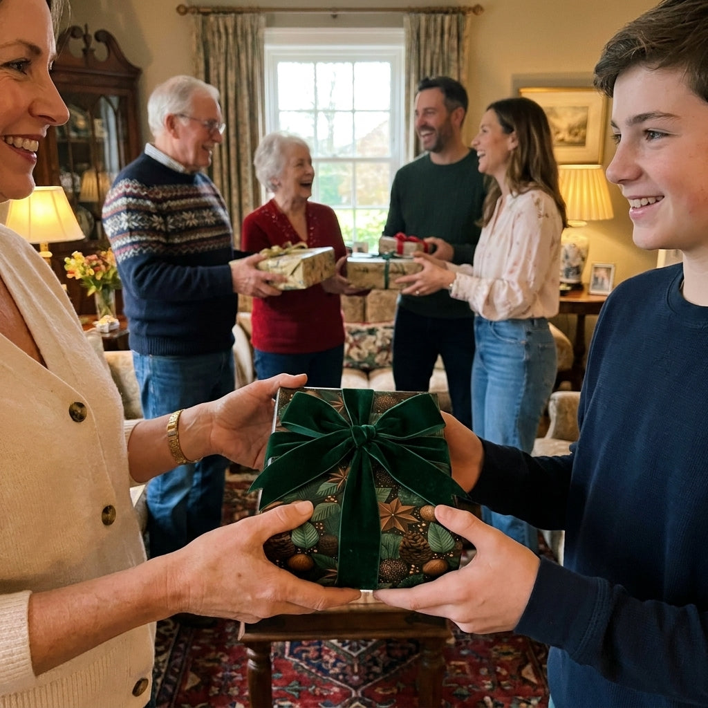 Luxury botanical Christmas wrapping paper with green velvet bow by Wrapped Studios, held during family holiday.
