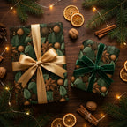 Luxury botanical Christmas wrapping paper with gold and velvet bows on rustic wood. Wrapped Studios.