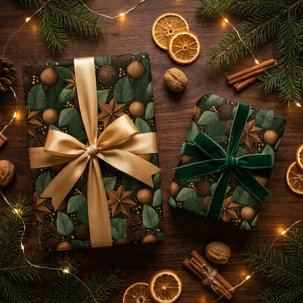 Luxury botanical Christmas wrapping paper with gold and velvet bows on rustic wood. Wrapped Studios.