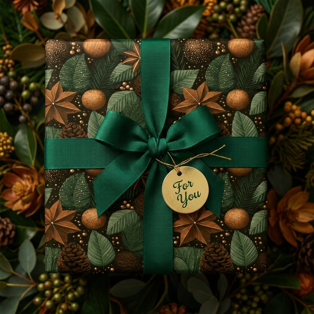 Luxury botanical Christmas wrapping paper with forest green ribbon and gold tag by Wrapped Studios.