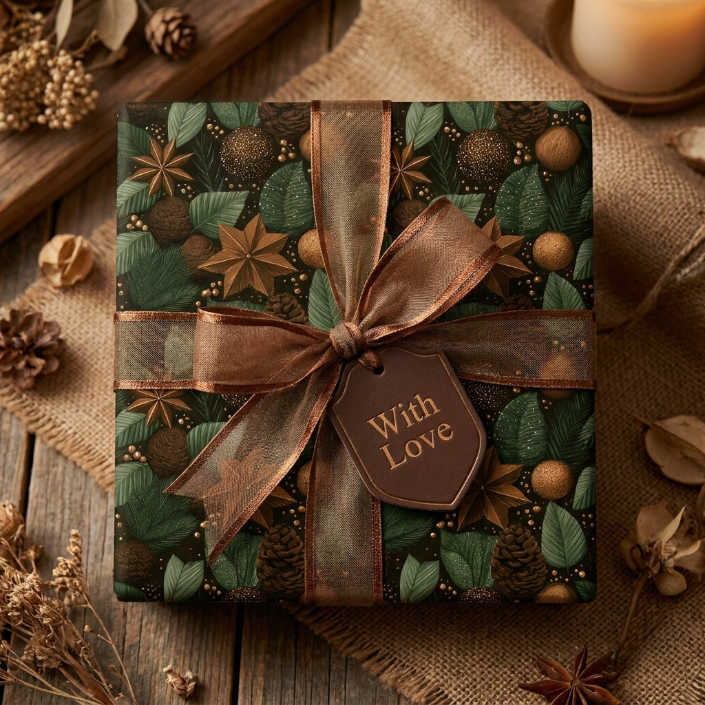 Luxury botanical Christmas gift wrap with pinecone pattern and bronze bow by Wrapped Studios.