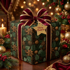 Luxury Christmas wrapping paper with botanical pinecone pattern and red velvet bow by Wrapped Studios.