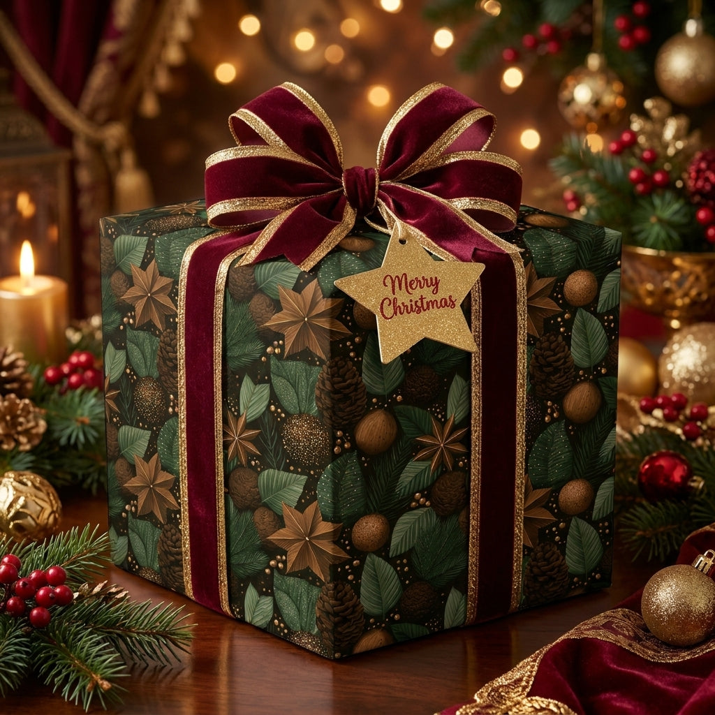 Luxury Christmas wrapping paper with botanical pinecone pattern and red velvet bow by Wrapped Studios.
