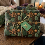 Rustic forest Christmas wrapping paper with pinecone pattern and Joy tag by Wrapped Studios.