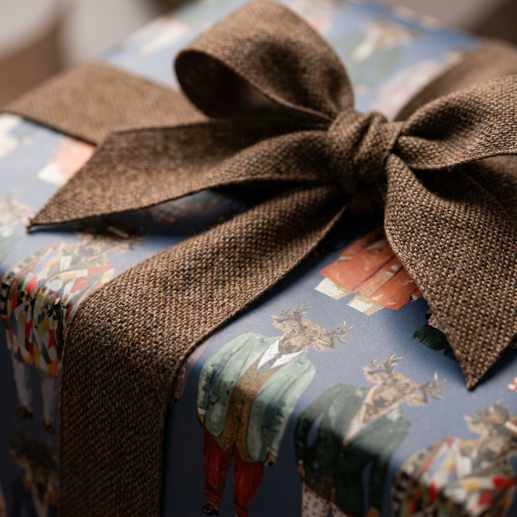 Vintage stag wrapping paper with a rustic brown textured bow by Wrapped Studios.