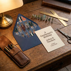 Vintage gentleman's birthday invitation with stag pattern envelope liner on a wooden desk by Wrapped Studios.