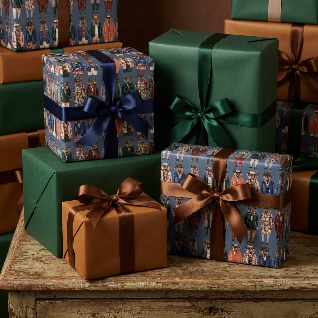 Luxury holiday gift wrap featuring whimsical vintage animal illustrations and satin ribbons by Wrapped Studios.