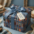 Whimsical vintage wrapping paper featuring dressed stags, with a blue bow by Wrapped Studios.