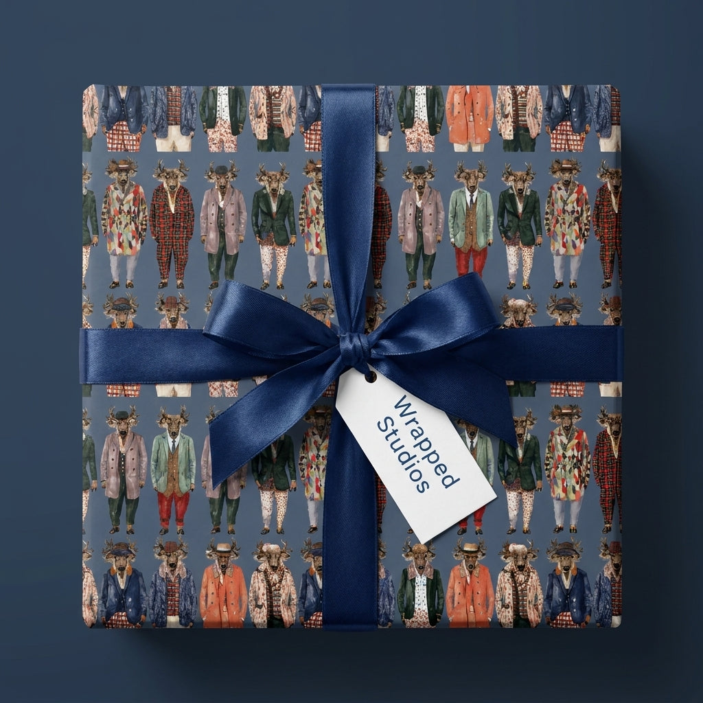Whimsical deer wrapping paper with dapper stags and a navy satin bow by Wrapped Studios.
