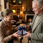 Couple exchanging a gift in luxury vintage wrapping paper with a blue velvet bow by Wrapped Studios.