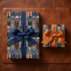 Quirky holiday wrapping paper featuring stags in suits with navy and orange bows by Wrapped Studios.