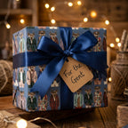 Dapper stag mens gift wrap with a navy satin bow and 'For the Gent' tag by Wrapped Studios.