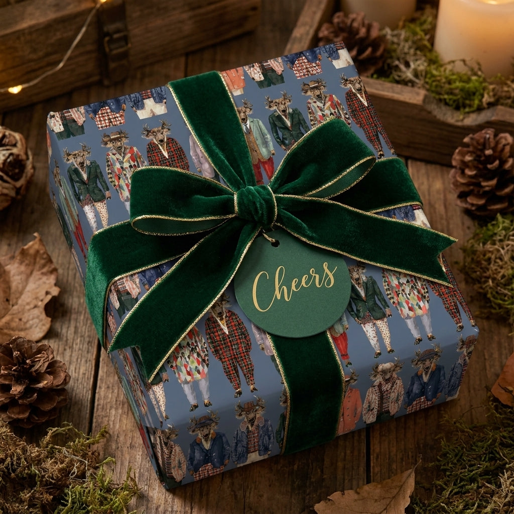 Whimsical deer Christmas wrapping paper with a green velvet bow on a holiday gift by Wrapped Studios.