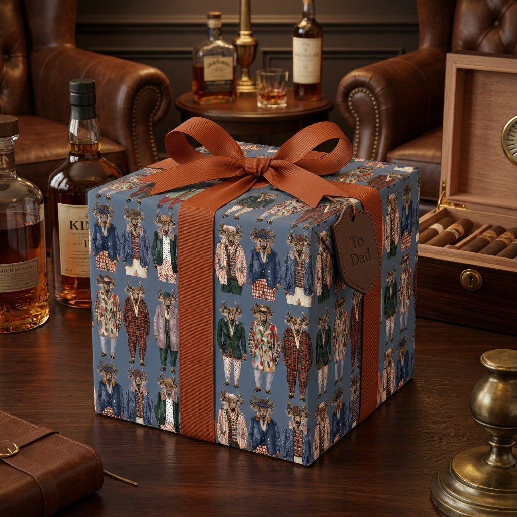 Father's Day wrapping paper with dapper deer pattern and rust orange bow by Wrapped Studios.