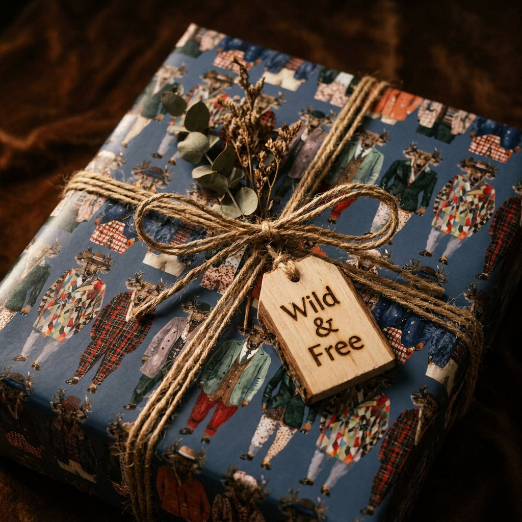 Navy blue woodland animal wrapping paper with a rustic twine bow by Wrapped Studios.