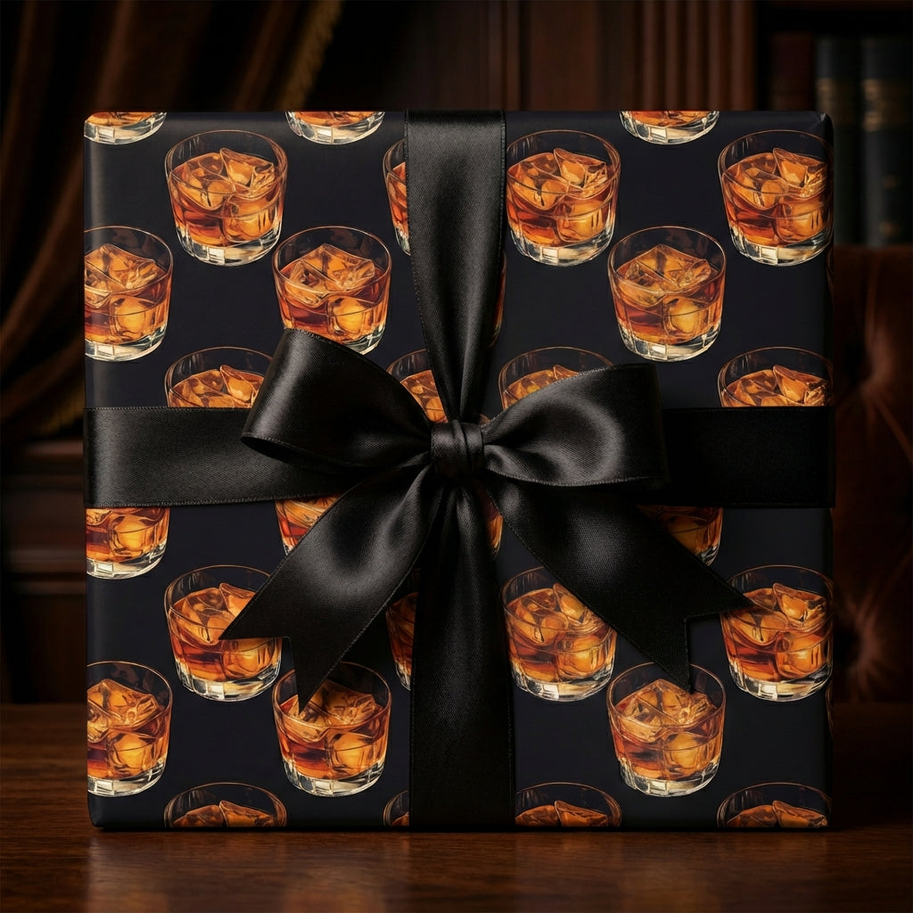 Elegant whiskey-themed wrapping paper on a square gift box with a silky black bow, perfect for a cocktail lover's birthday present.