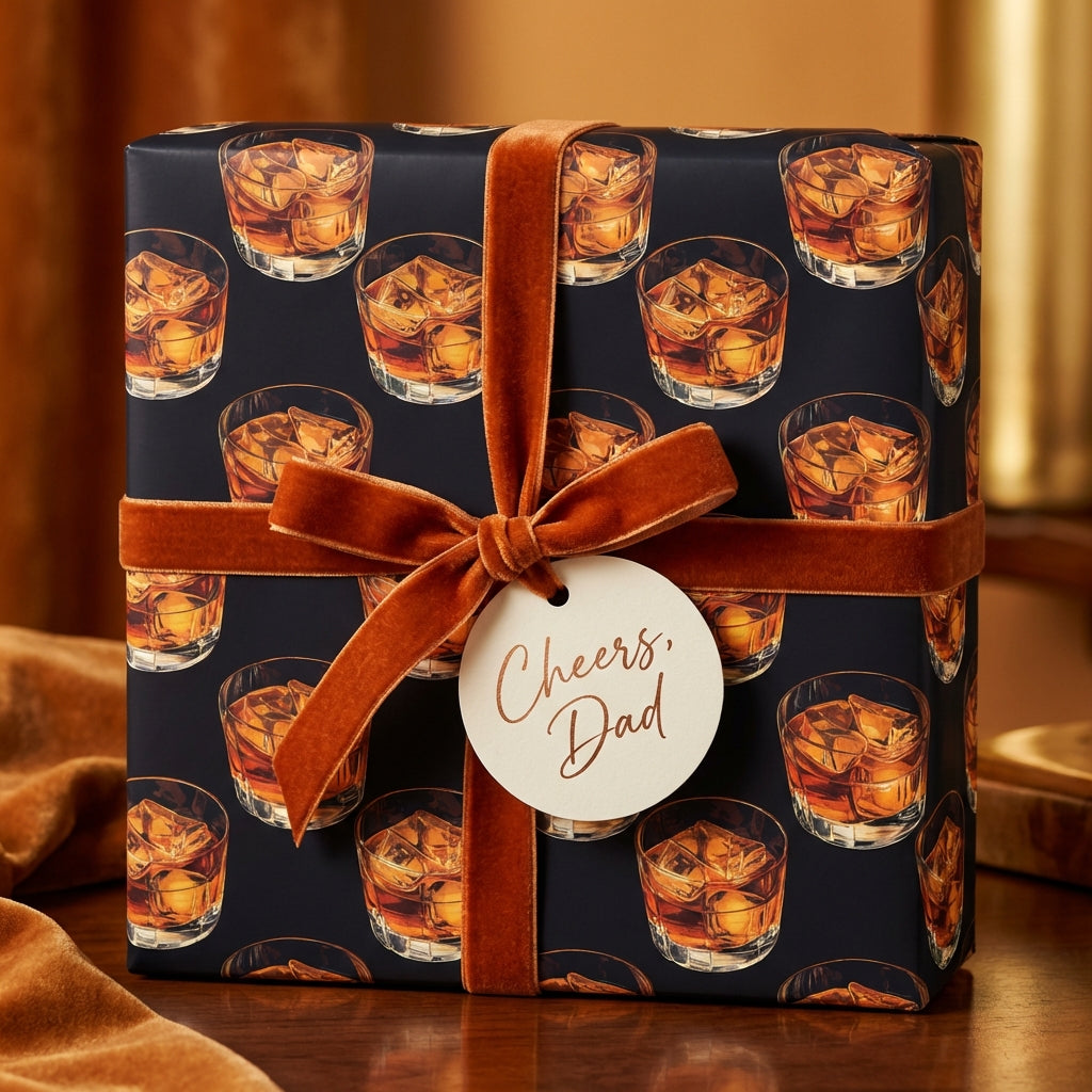 "Cheers, Dad" gift wrapped in whiskey-patterned wrapping paper with a velvet ribbon bow.