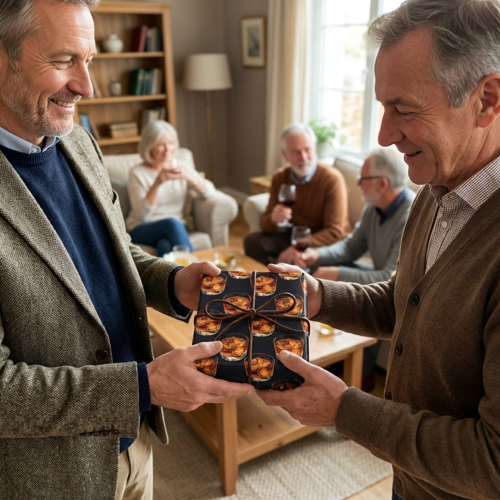 Man gives gift wrapped in whiskey glass pattern wrapping paper tied with brown ribbon.