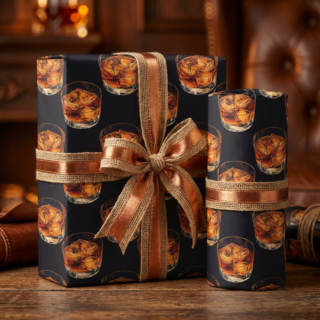 Luxury gift wrap featuring whiskey glasses on black paper, tied with a rustic copper ribbon bow.